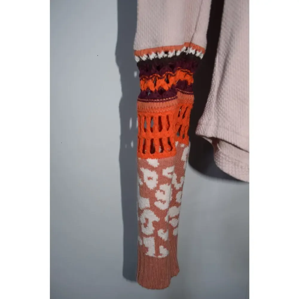 Free People Pink Waffle Knit Mixed Crochet Sleeve Top Size Small Boho